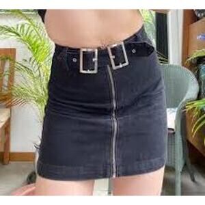 Fashion Nova Womens Front Zipper Denim Mini Skirt Belted Waist Size S Black